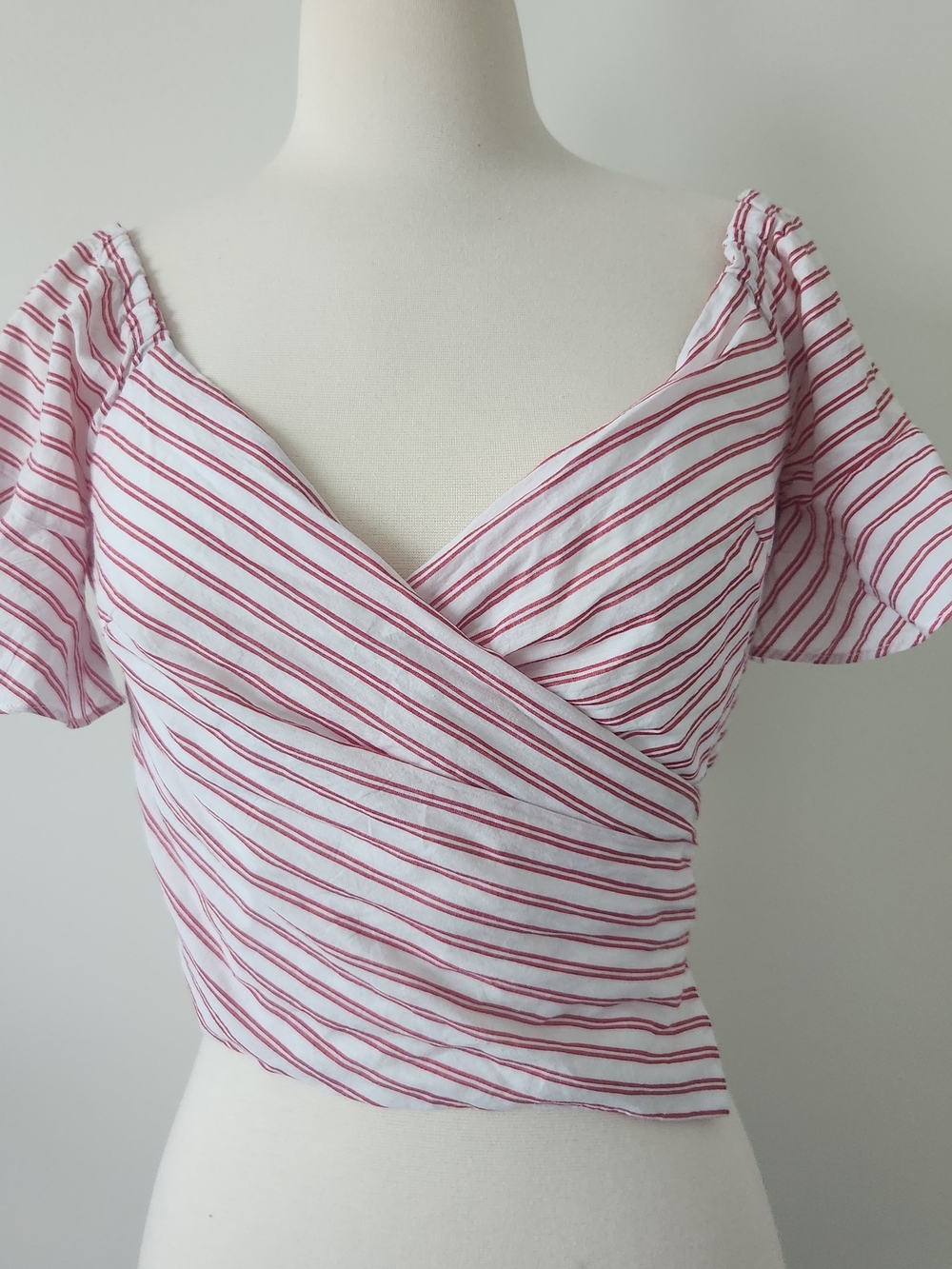 Striped Wrap-Front Crop Top in White and Red